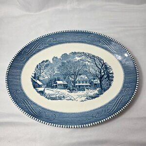 Royal USA Currier & Ives Blue Oval Platter Old Inn in the Winter 13 Inches